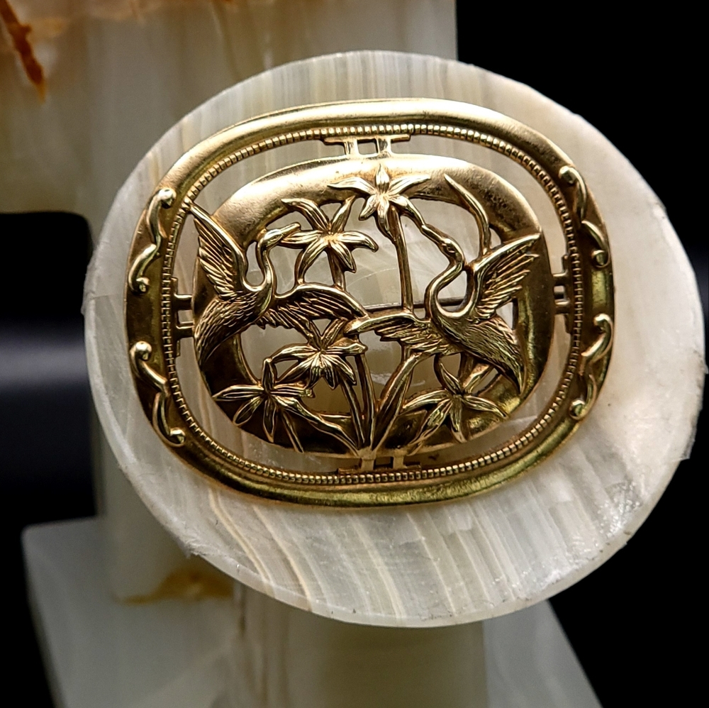 Vintage gold filled Coastal bird and palm tree brooch pin